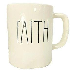 Rae Dunn FAITH Coffee Mug White with Long Letters Magenta  No numbers on bottom